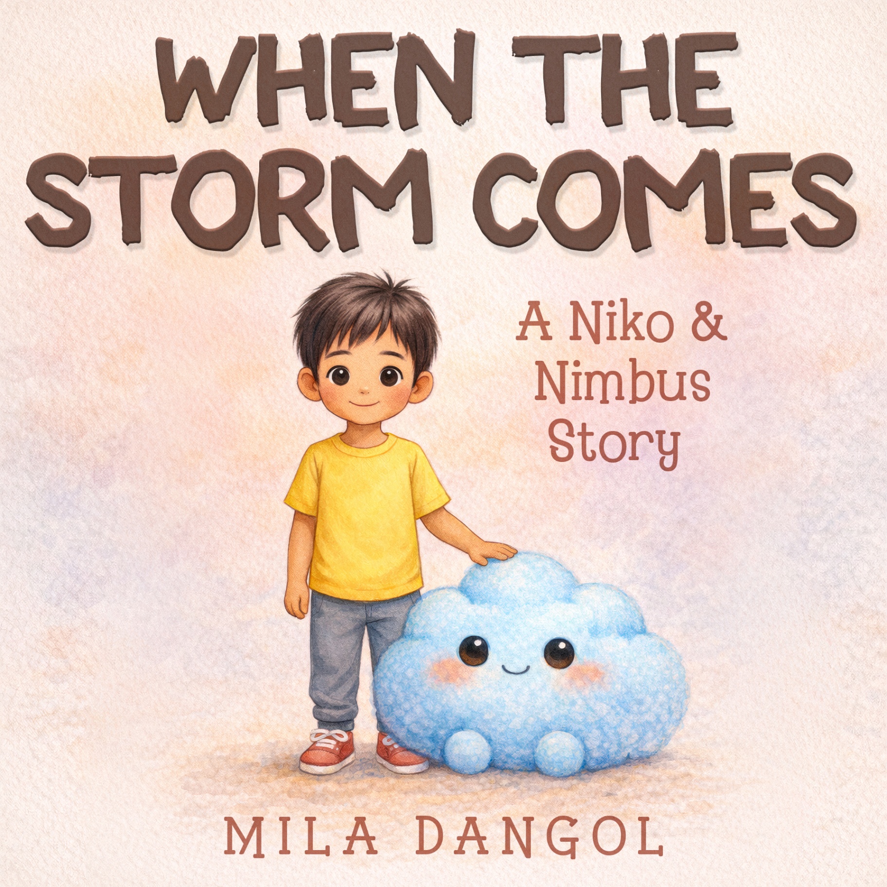 Book cover for When the Storm Comes — a watercolor illustration of a small boy with a fluffy blue cloud companion named Nimbus